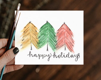 Watercolor card: Happy Holidays, painted card, handpainted card, handmade watercolor card, christmas card, holiday card, greeting card