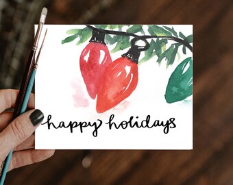 Watercolor card: Happy Holidays, Merry Christmas, painted card, handmade watercolor card, christmas card, holiday card, greeting card