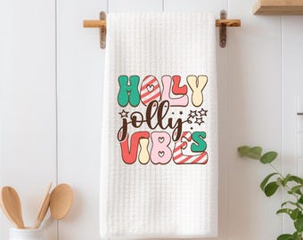 Holly jolly vibes towel, Christmas towel, holiday towel, house kitchen towel, hand towel, kitchen wedding gift, tea towel