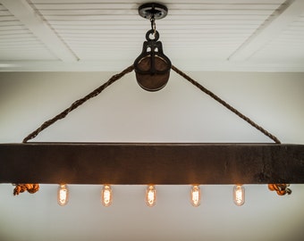 4 ft Rustic Beam Edison Bulb Chandelier With Vintage Barn Pulley