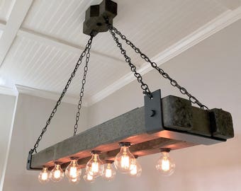 5ft Double Barrel Beam Chandelier with Metal Straps And Edison Bulbs