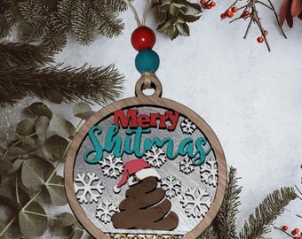 Funny Christmas Ornament – Merry Sh*tmas Hand-Painted Wood, Adult Humor