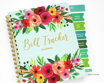 Bill Tracker Wire Journal with Tabs, Personal Planner, Budget book, office Payments Calendar bill organizer, Undated Planner - TEAL FLORAL
