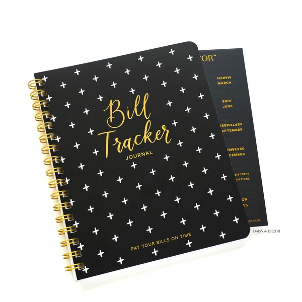 Bill Tracker Wire Journal with Tabs, Personal Planner, Budget book, office Payments Calendar bill organizer, Undated Planner - BLACK/WHITE