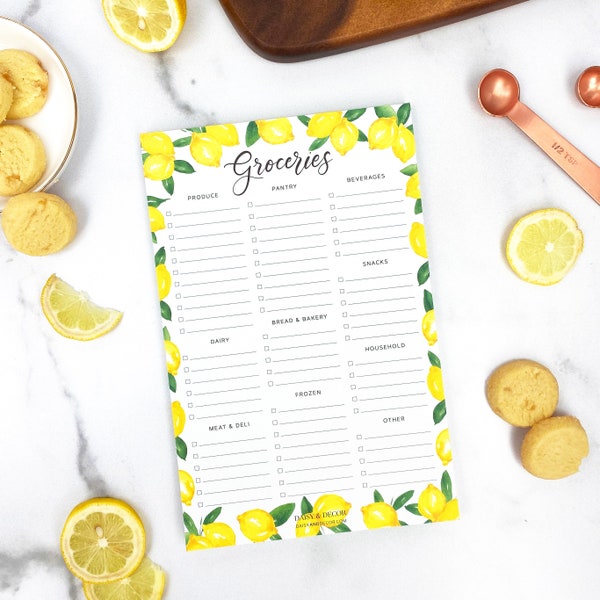 Grocery List Notepad, Lemons Organized Groceries Notepad, Shopping List Illustrated Market Notepad Yearly Notepad, mom gift, Shower Gift