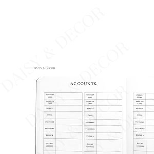 May include: A monochrome account log notebook with the word "ACCOUNTS" at the top. The notebook includes sections for account name, website, email, username, password, phone number, billing address, and credit card details.