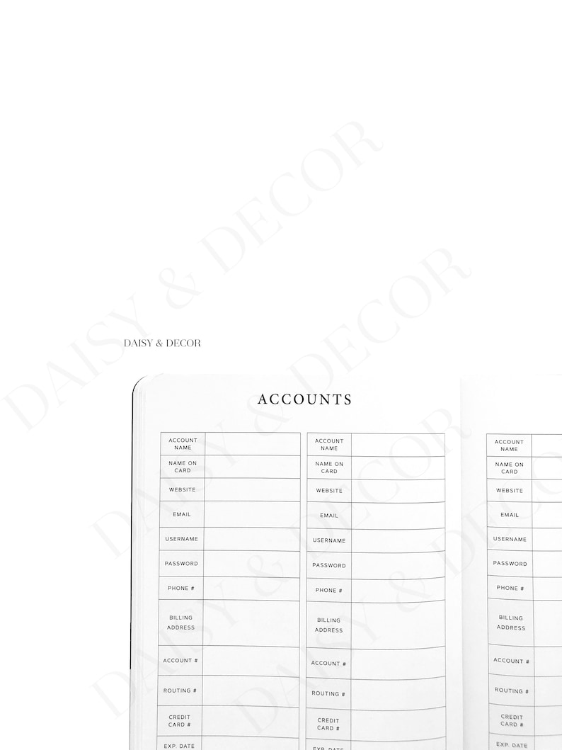 May include: A monochrome account log notebook with the word "ACCOUNTS" at the top. The notebook includes sections for account name, website, email, username, password, phone number, billing address, and credit card details.