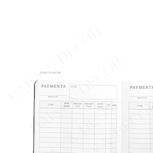 May include: A white notebook with a black spine, displaying a "PAYMENTS" section. The notebook includes columns for item, due date, amount due, amount paid, date paid, and auto pay. The text "DAISY & DECOR" is visible.