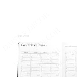 Puede incluir: Un calendario de pagos imprimible en blanco y negro con el texto "PAYMENTS CALENDAR" en la parte superior. El calendario est&aacute; dividido en siete columnas para cada d&iacute;a de la semana, con espacios para escribir los pagos y las notas.