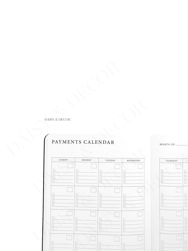 Puede incluir: Un calendario de pagos imprimible en blanco y negro con el texto "PAYMENTS CALENDAR" en la parte superior. El calendario est&aacute; dividido en siete columnas para cada d&iacute;a de la semana, con espacios para escribir los pagos y las notas.