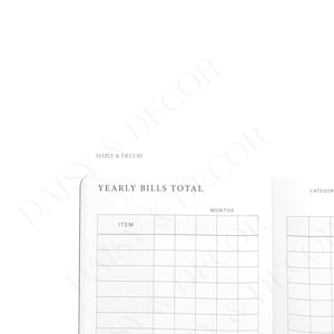 May include: A white notebook page with a grid for tracking yearly bills. The text "YEARLY BILLS TOTAL" is at the top, with columns for items and months. The brand name "DAISY & DECOR" is printed at the top.