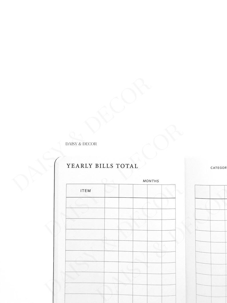 May include: A white notebook page with a grid for tracking yearly bills. The text "YEARLY BILLS TOTAL" is at the top, with columns for items and months. The brand name "DAISY & DECOR" is printed at the top.