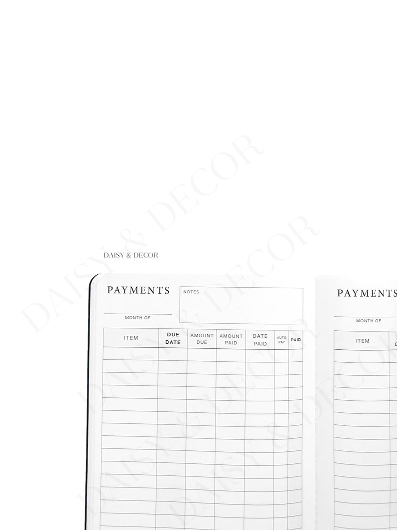 Puede incluir: Una p&aacute;gina de planificador imprimible en blanco y negro con el t&iacute;tulo "Pagos" y columnas para "Art&iacute;culo", "Fecha de vencimiento", "Cantidad adeudada", "Cantidad pagada", "Fecha de pago" y "Pago autom&aacute;tico".