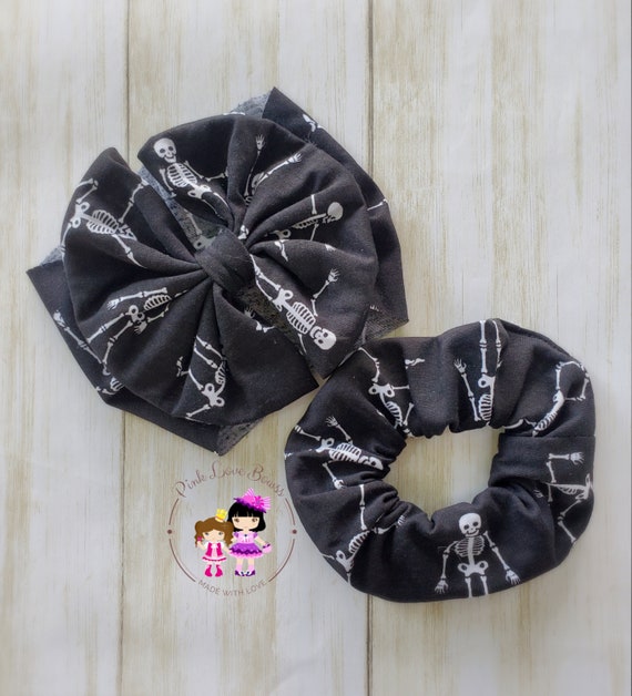 Baby Skeleton Headband With Matching Scrunchie Black and White