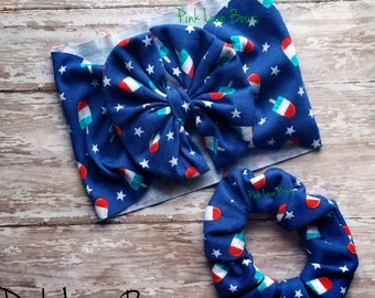 4th of july baby headband with matching scrunchy for mom or big sister popsicle blue white red summer