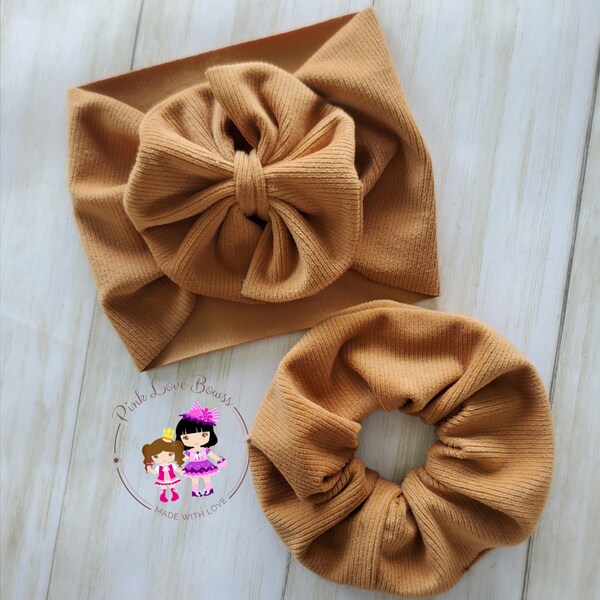 mustard soft knit velvet baby headband with matching scrunchie fall color