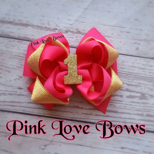 First birthday hairbow pink hot pink and gold bow 1st b-day cute one