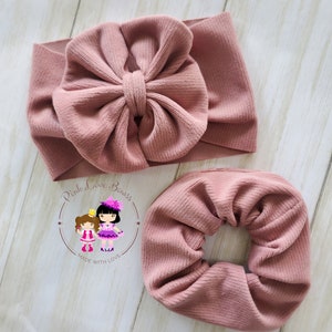 soft pink baby headband and scrunchie fall velvet soft fabric bow