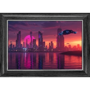 Synthwave Cyberpunk Cityscape Art Print: Retro Sci-Fi Neon Decor (Digital Download)