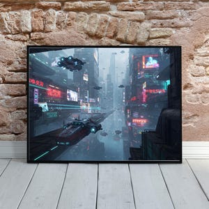 Neon Metropolis Rising Futuristic City Wall Art Digital Print Cyberpunk Poster Sci-Fi Urban Neon Skyline AI Art JPG Download