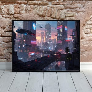 Neon Dreams Cyberpunk Cityscape Digital Art Print | Futuristic City Wall Art | Cyberpunk Poster | AI Generated Sci-Fi Urban Landscape