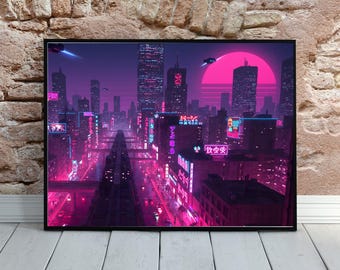 Impresión nocturna de ciudad ciberpunk: futurismo retro, vista de calle japonesa (descarga digital)