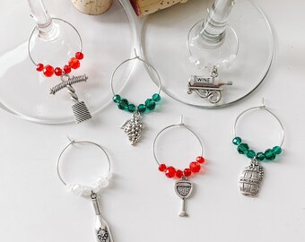 Christmas Beaded Wine Charms, Holiday Glass Markers, Set of 6