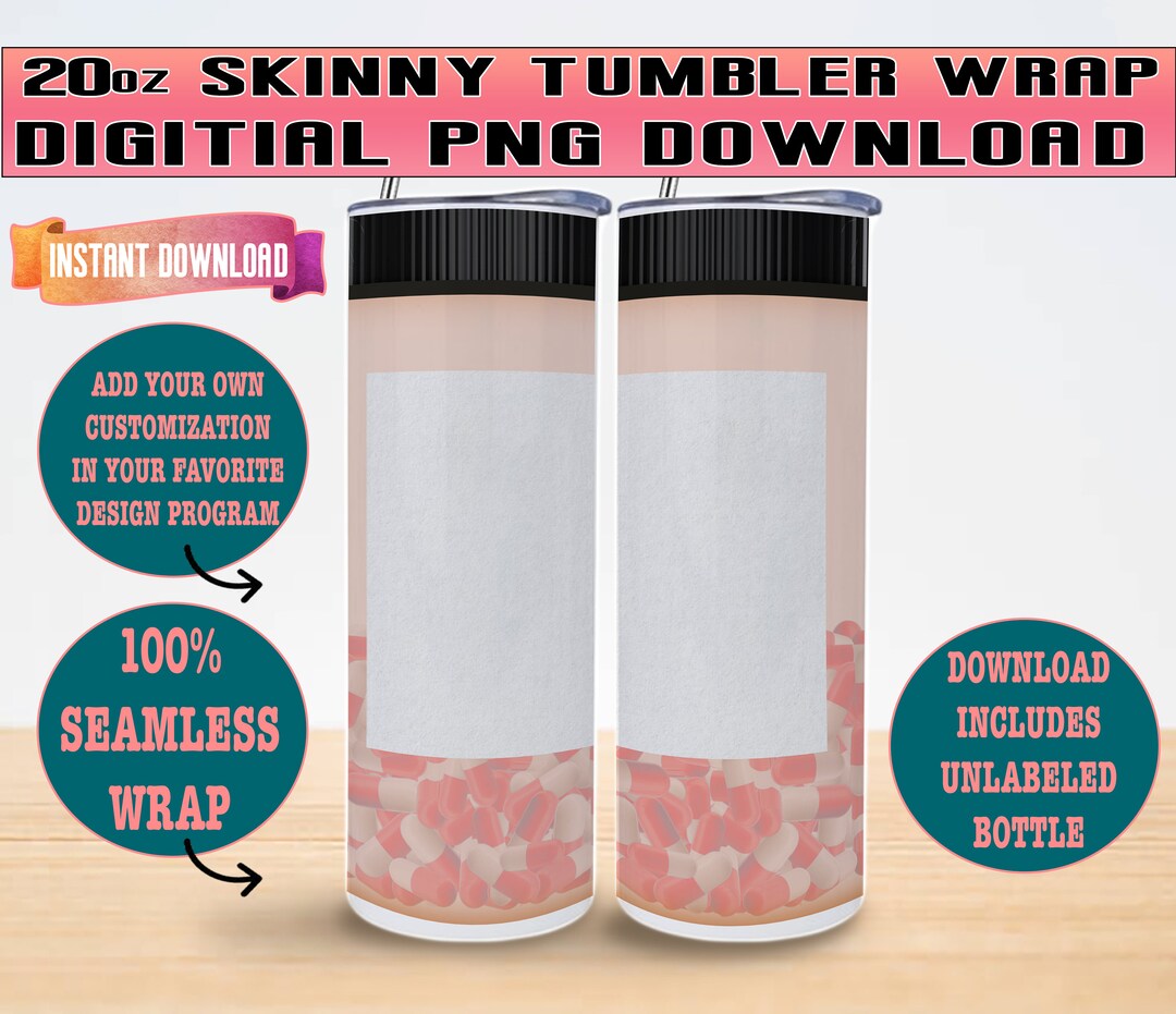 Blank Prescription Pill Bottle 20oz Skinny Tumbler Wrap, Seamless