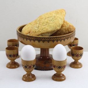 Handmade wooden bowl with 6 wooden egg cups 60s