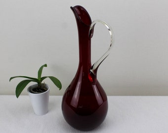 Vintage.Red glass jug decanter of juice jug with transparent handle handmade wine container 1.5 liters exclusive design