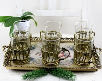 Vintage. Set of 7 pieces tea glasses made of glass and brass, serving plate Schott VERRAN Germany. embroidery