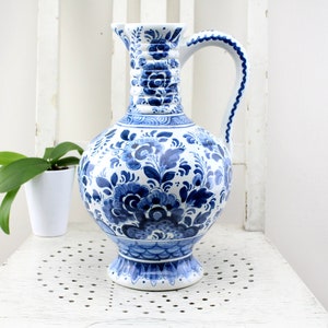 Mid Century Carafe Jug Milk Jug Juice Jug Blue White Delft Pattern Porcelain Handmade Made in Holland 2 Liters