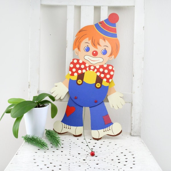 1984er Jahre Mertens, Clown Jumping Jack, Hampelmann Kinderzimmer Wand Dekoration Kinderspielzeug Handarbeit Hampelfigur