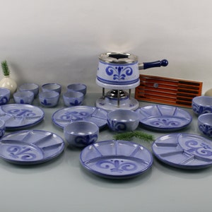 Fondue Set Mid Century Copper Enamel Fondue Magical Porcelain for 6 people with fondue skewers