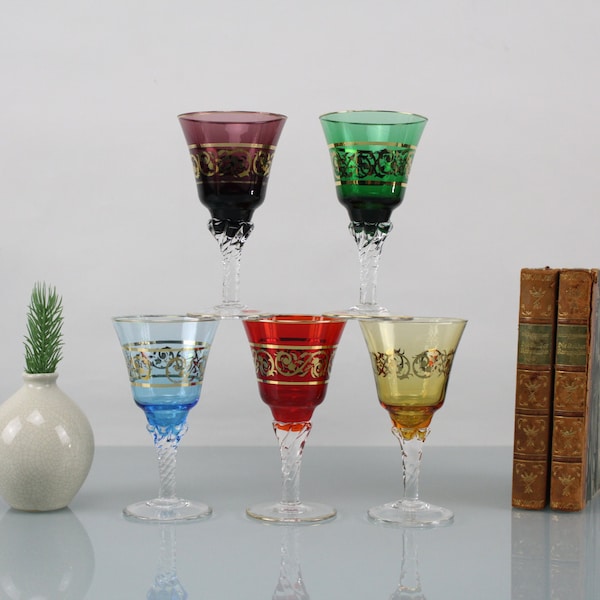 Vintage Real Gold Rim Design Set of 5 Glasses Crystal Glass Very Rare Design Glasses West German Handwork Colorful Glasses