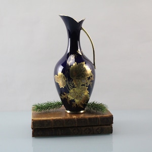 Vintage Royal Bavaria KPM Cobalt Blue Gold Vase Mid Century German Porcelain Floral Gilded Vase Decorative Flower Vase Handle