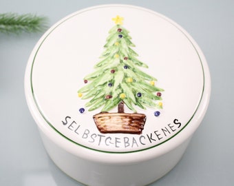 Vintage ceramic jar with lid inscription SELF-BAKED Christmas ceramics Christmas pictures pattern Vintage ceramics