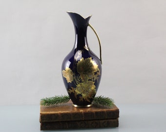 Vintage Royal Bavaria KPM Cobalt Blue Gold Vase Mid Century German Porcelain Floral Gilt Vase Decorative Flower Vase Handle