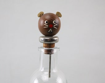 Cat Head Bottle Stopper Bottle Spout Danish Teak Wood Bottle Stopper Mid Century Vintage