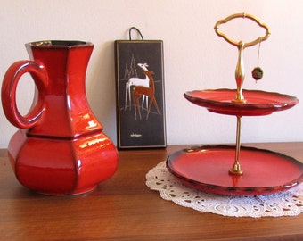 Vintage - década de 1955 - design de jarra de suco e etagère de cerâmica banhados a ouro conjunto de altíssima qualidade vermelho