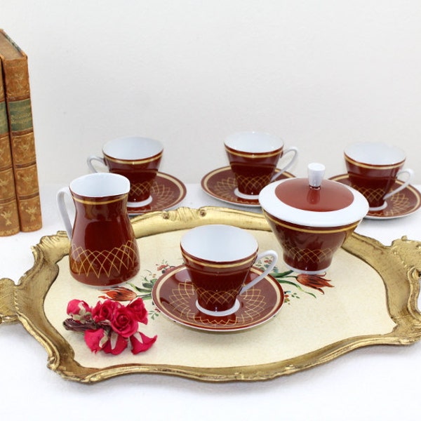 Mid Century Freiberg Porcelain Tea Set Servier 14 piece set from the 50s Rockabilly style kitchen decoration Porcelain Brown Red