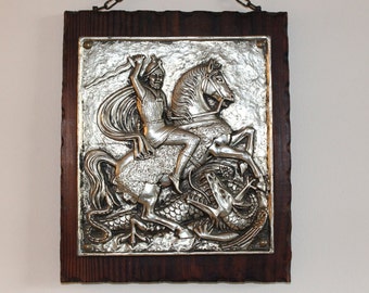 Rare Antique pewter picture of a horse and a dragon wooden frame Vintage 1960s very rare Handwork
