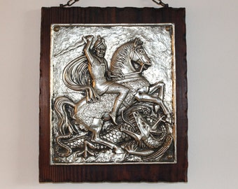 Pewter picture of a rider and a dragon wooden frame vintage handmade