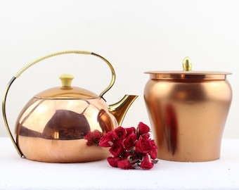 Vintage. 50s Copper Teapot with Tea Bag Container Original Rockabilly Teapot Set 2 Piece Mid Century