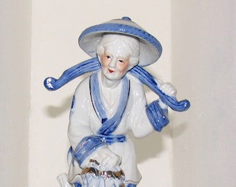 Vintage.Chinese porcelain figurine white blue vitrine decoration