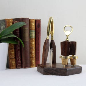 Nutcracker Bottle Opener Bottle Stopper Gold Plated Teak Wood Mid Century 70s