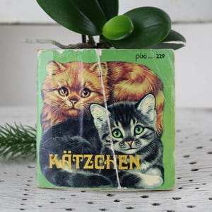 K&ouml;nnte beinhalten: Ein Vintage-Buchcover mit gr&uuml;nem Hintergrund, auf dem zwei Katzen abgebildet sind. Das Buch tr&auml;gt den Titel "K&auml;tzchen" und den Text "pixi Buch 229" in der oberen rechten Ecke.