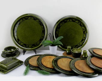 Ulm Ceramic Breakfast Crockery Set 6 People Set 31 Pieces Set Handwork Ceramic Table Cover Plate Green Wood