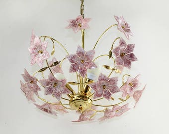 Sputnik pendant lamp with pink Murano glass flowers ceiling lamp hanging lamp gigantic mid century 70s
