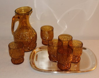 Vintage Mid Century Designer Set 6 piece glasses and pitcher Hand Cut very rare designs glasses